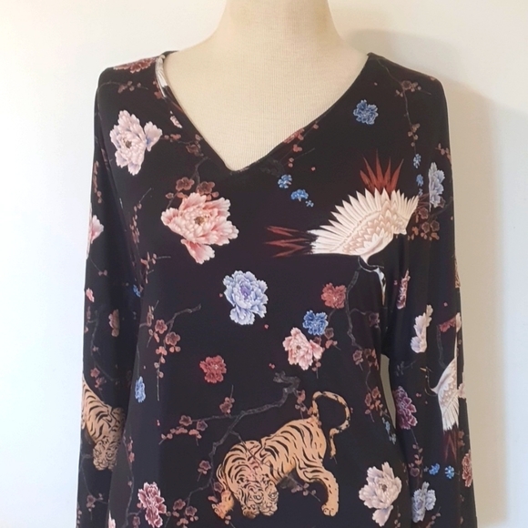 Zara | Kimono Sleeve Oriental Print Self-Tie Kaftan Dress | Approx Size 16/ US S - Picture 4 of 13